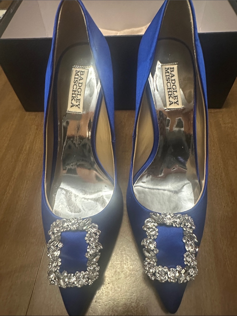 Badgley Mischka Cobalt Blue Satin Pointed Toe Pumps with Crystal Buckles